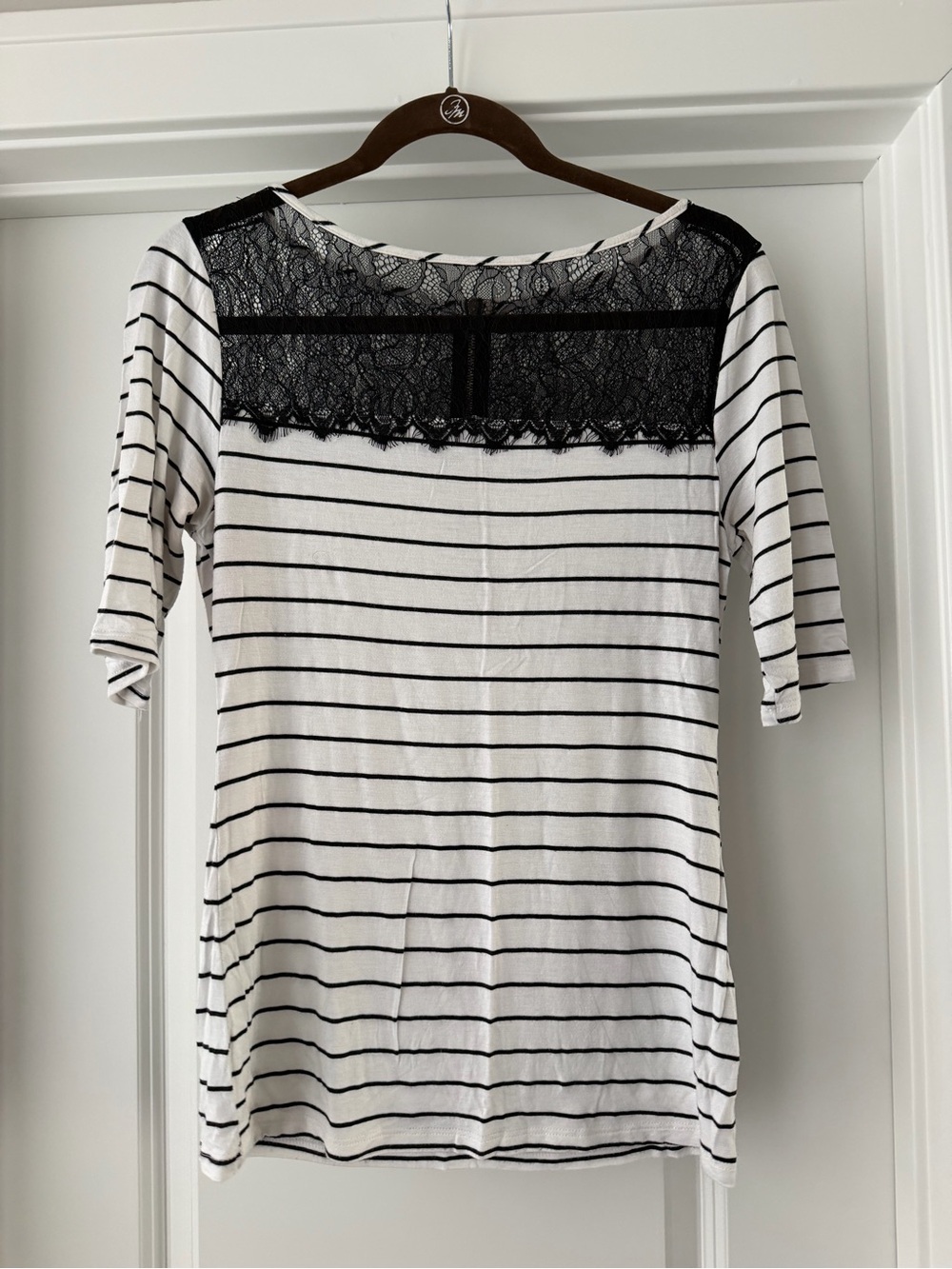 Striped White & Black Lace Yoke Women's Top